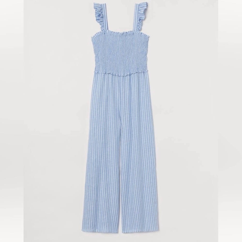 H&M Blue and White Striped Linen Blend Jumpsuit M